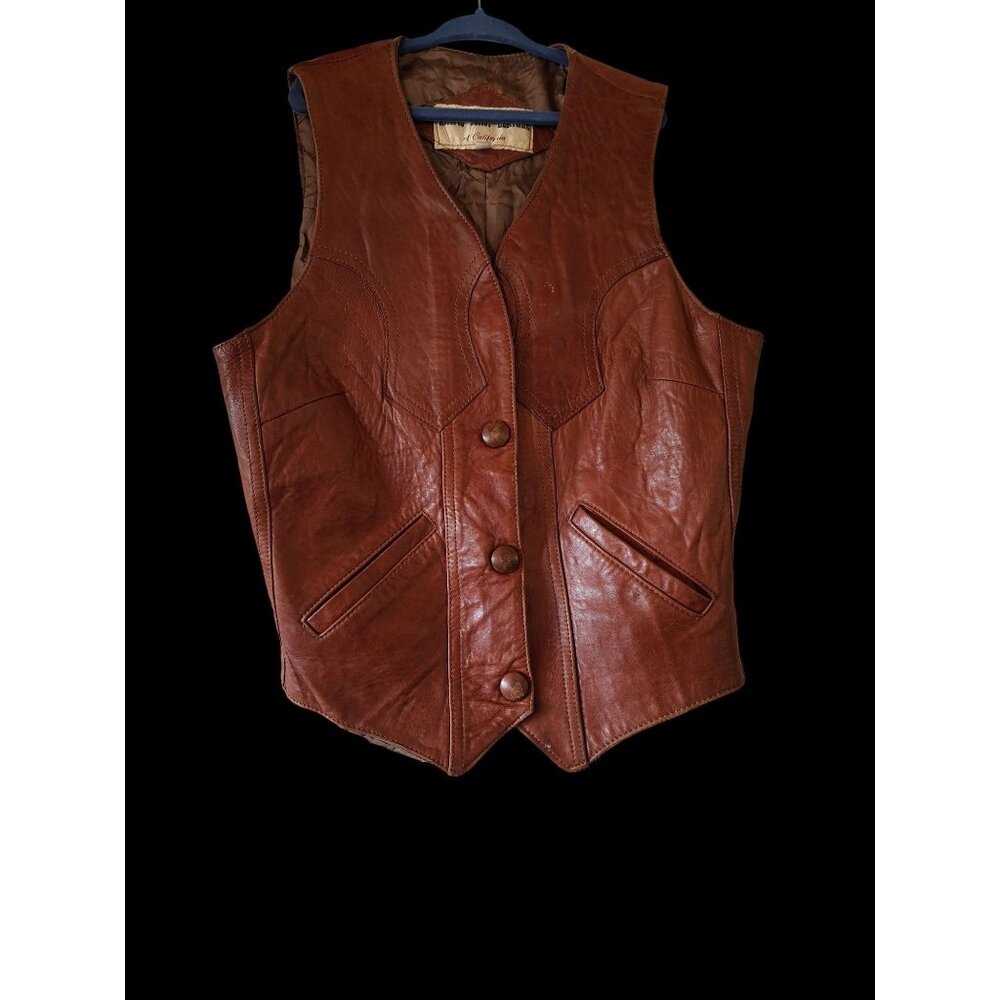 Vtg Distress kids Genuine Brown Leather Western Vest